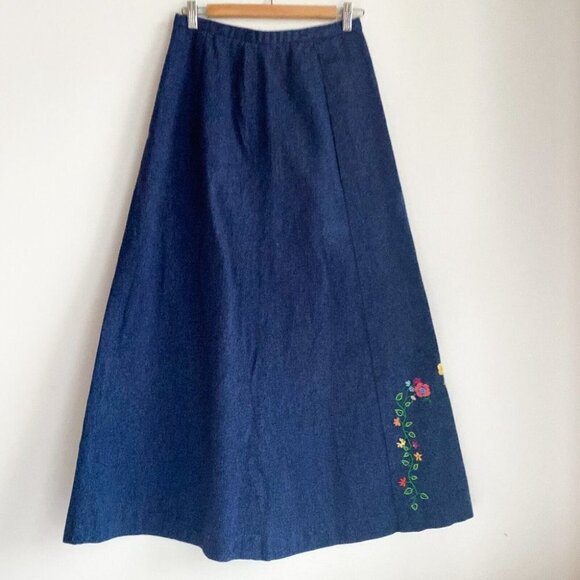 Vintage Blue  Denim Floral Embroidered A line Maxi Skirt S - Picture 2 of 6